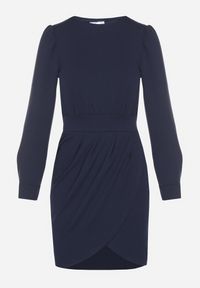 Born2be - Granatowa Sukienka z Marszczeniem i Bufiastymi Rękawami Redenia. Kolor: niebieski. Styl: klasyczny, elegancki #7