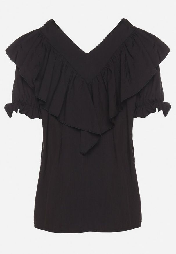 Born2be - Czarna Bluzka z Wiskozą i Falbankami Fadevia. Okazja: na co dzień. Typ kołnierza: kołnierz z falbankami. Kolor: czarny. Materiał: wiskoza. Długość rękawa: krótki rękaw. Długość: krótkie. Styl: casual, elegancki, wizytowy