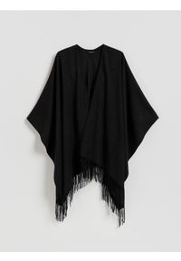 Reserved - Poncho z frędzlami - czarny. Kolor: czarny. Materiał: wiskoza, tkanina