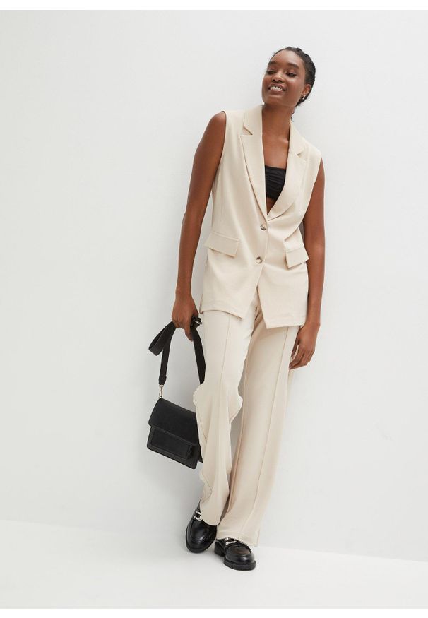 bonprix - Spodnie z elastyczną gumką w talii z grubej dzianiny interlock. Kolor: beżowy. Materiał: dzianina, materiał