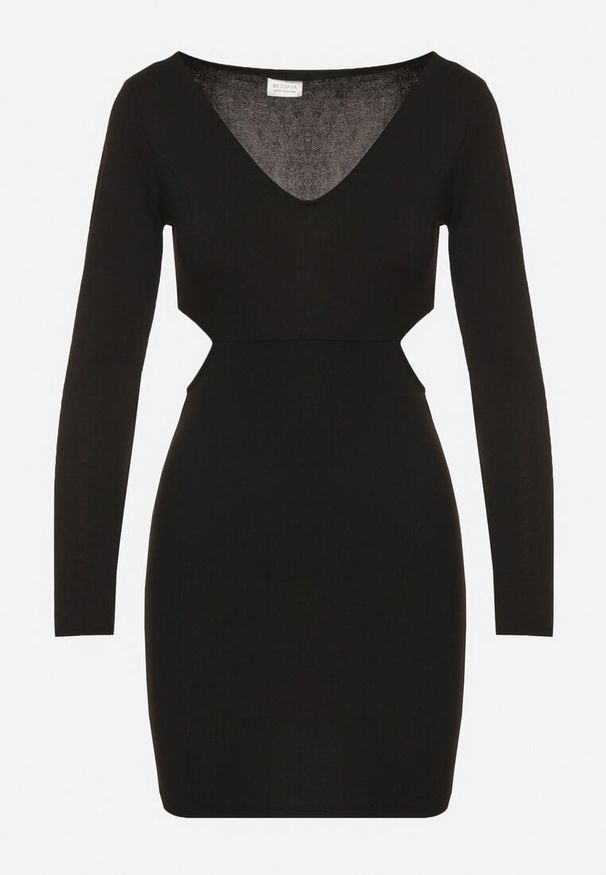 Born2be - Czarna Sukienka o Dopasowanym Kroju z Wycięciami w Talii Halassia. Okazja: na co dzień, na randkę. Typ kołnierza: dekolt w serek. Kolor: czarny. Długość rękawa: długi rękaw. Typ sukienki: proste, dopasowane. Styl: casual, elegancki