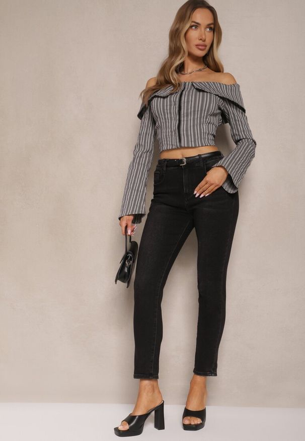 Renee - Czarne Jeansy Typu Skinny z Bawełną High Waist Mevule. Okazja: na co dzień. Stan: podwyższony. Kolor: czarny. Styl: casual