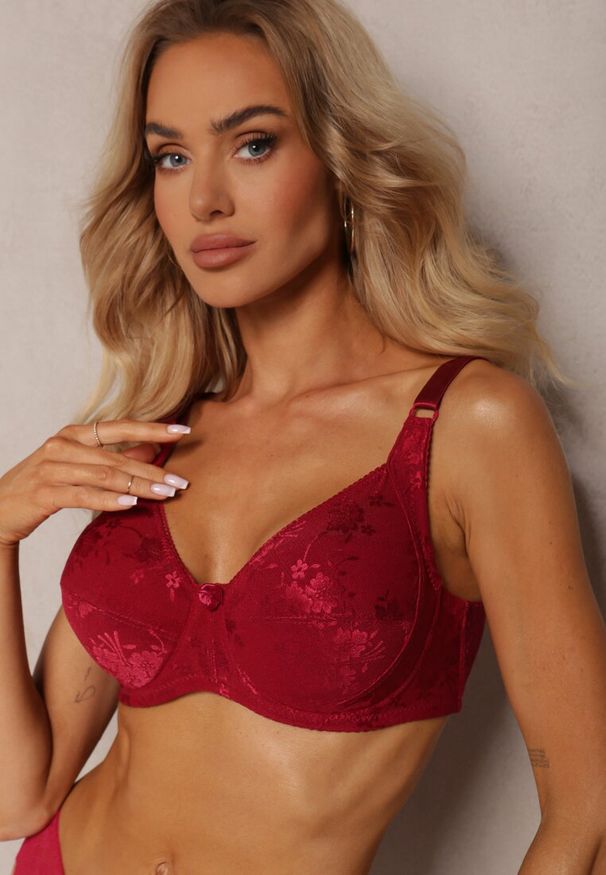 Renee - Bordowy Full Cup Biustonosz z Koronką Vikonie. Kolor: czerwony. Materiał: koronka. Wzór: koronka
