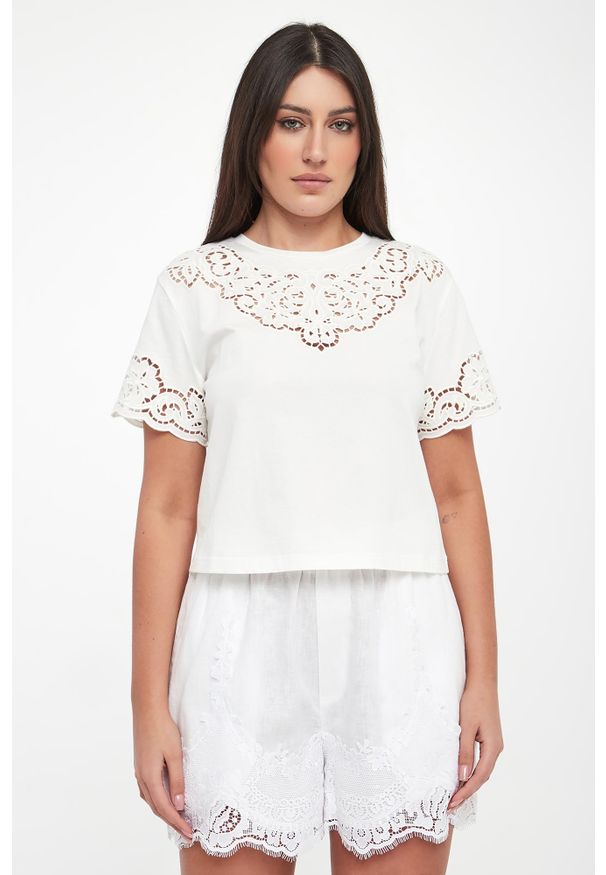 Twinset Milano - T-shirt damski z koronką TWINSET. Materiał: koronka. Wzór: koronka