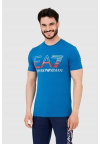 EA7 Emporio Armani - EA7 T-shirt męski niebieski z dużym logo, Rozmiar L. Kolor: niebieski