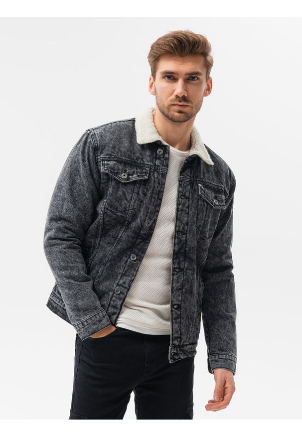 Ombre Clothing - Kurtka męska jeansowa typu sherpa - czarna V3 OM-JADJ-0125 - XXL. Kolor: czarny. Materiał: jeans. Styl: klasyczny