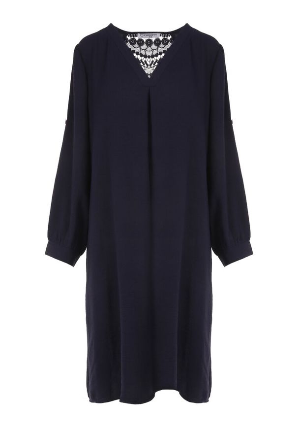 Born2be - Granatowa Sukienka Meganie. Kolekcja: plus size. Kolor: niebieski. Materiał: koronka. Długość rękawa: długi rękaw. Wzór: gładki, koronka. Typ sukienki: dla puszystych. Styl: elegancki. Długość: midi