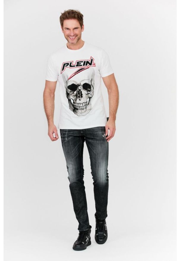 Philipp Plein - PHILIPP PLEIN Biały t-shirt męski Platinum cut round neck space plein. Kolor: biały. Materiał: prążkowany. Wzór: aplikacja