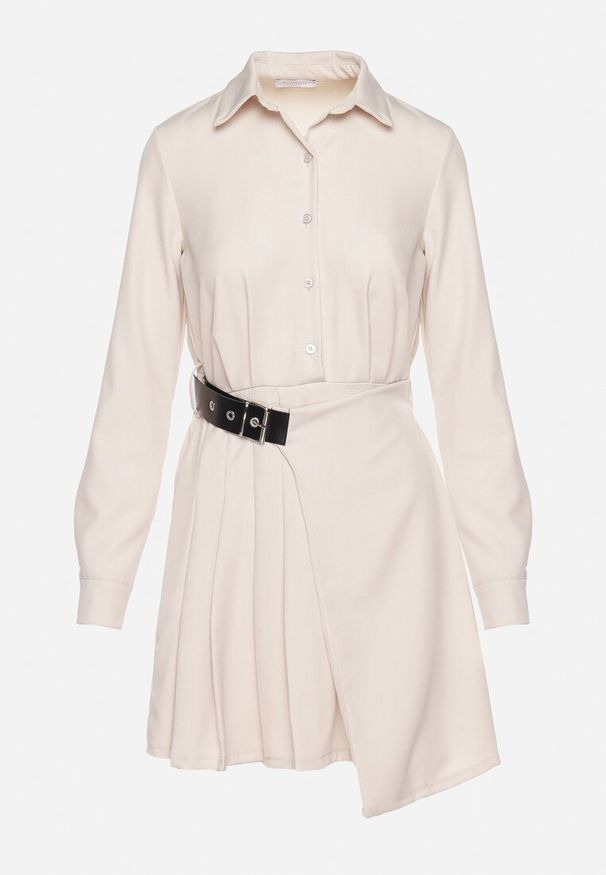 Born2be - Beżowa Sukienka Koszulowa z Plisowanym Asymetrycznym Dołem z Paskiem Vattea. Kolor: beżowy. Typ sukienki: asymetryczne, koszulowe