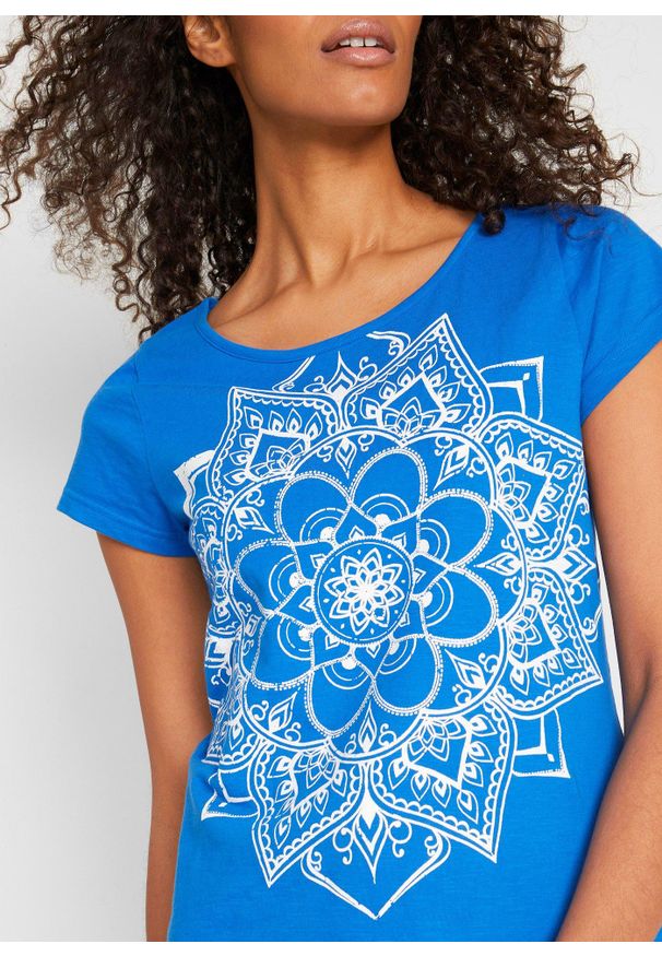 bonprix - Shirt z przędzy mieszankowej, krótki rękaw. Kolor: niebieski. Długość rękawa: krótki rękaw. Długość: krótkie. Wzór: nadruk