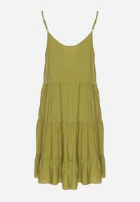 Born2be - Zielona Rozkloszowana Sukienka z Bawełny na Ramiączkach z Falbanami Lilivane. Okazja: na spacer, na co dzień. Kolor: zielony. Materiał: bawełna. Długość rękawa: na ramiączkach. Sezon: wiosna, lato. Typ sukienki: proste. Styl: casual #5