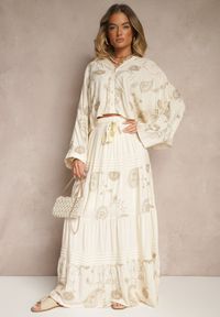 Renee - Beżowy Wiskozowy Komplet Boho z Koszulą o Nietoperzowym Kroju i Spódnicą Separia. Kolor: beżowy. Materiał: wiskoza. Wzór: aplikacja