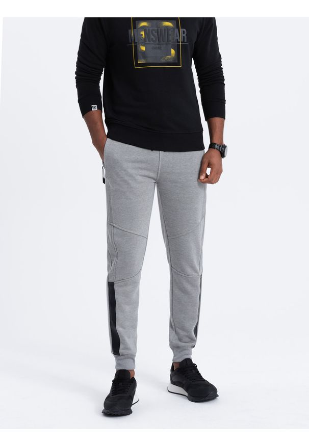 Ombre Clothing - Spodnie męskie dresowe z przeszyciami - szary melanż V3 - Rozmiar: L. Kolor: szary. Materiał: dresówka. Wzór: melanż