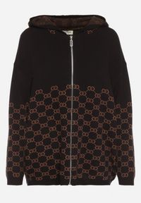 Born2be - Czarny Kardigan na Suwak z Kapturem i Geometrycznym Motywem Lunetusa. Okazja: na co dzień. Typ kołnierza: kaptur. Kolor: czarny. Materiał: jeans. Wzór: geometria. Styl: casual, elegancki #2