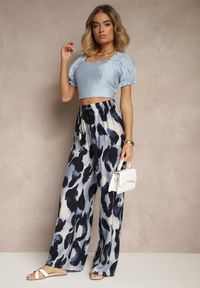 Renee - Niebieskie Szerokie Spodnie High Waist z Wiskozą w Panterkowy Wzór Zeviera. Okazja: na co dzień. Stan: podwyższony. Kolor: niebieski. Materiał: wiskoza. Styl: elegancki, casual #3