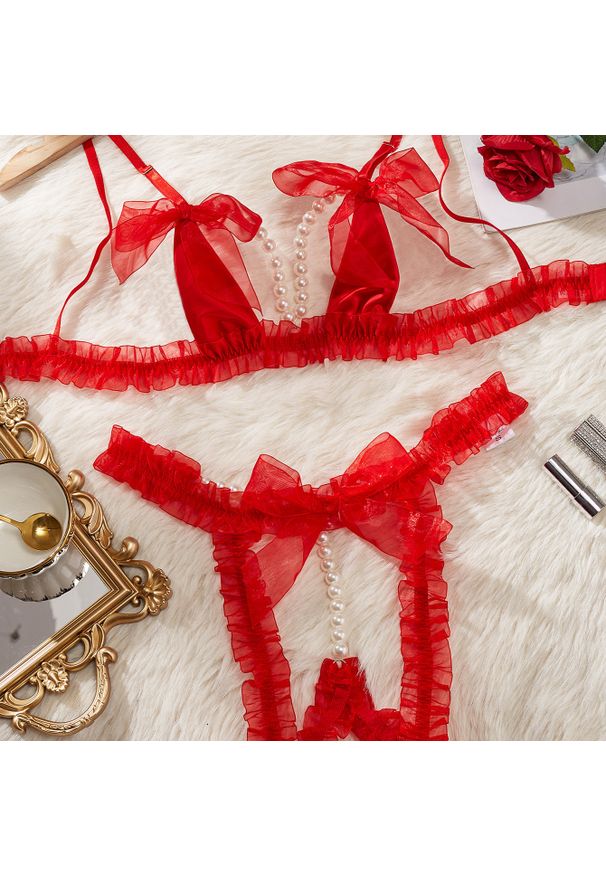 Intica - Komplet bielizny z perełkami i koronkowym wykończeniem Rosabella. Kolor: czerwony. Materiał: koronka