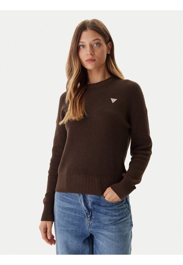 Guess Jeans Sweter W4BR08 Z3HM1 Brązowy Regular Fit. Kolor: brązowy. Materiał: bawełna