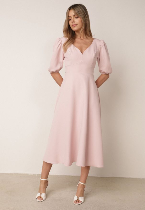 Born2be - Różowa Elegancka Sukienka z Bufiastymi Rękawami i Wiązaniem na Plecach Zeepy. Kolor: różowy. Wzór: gładki. Styl: elegancki