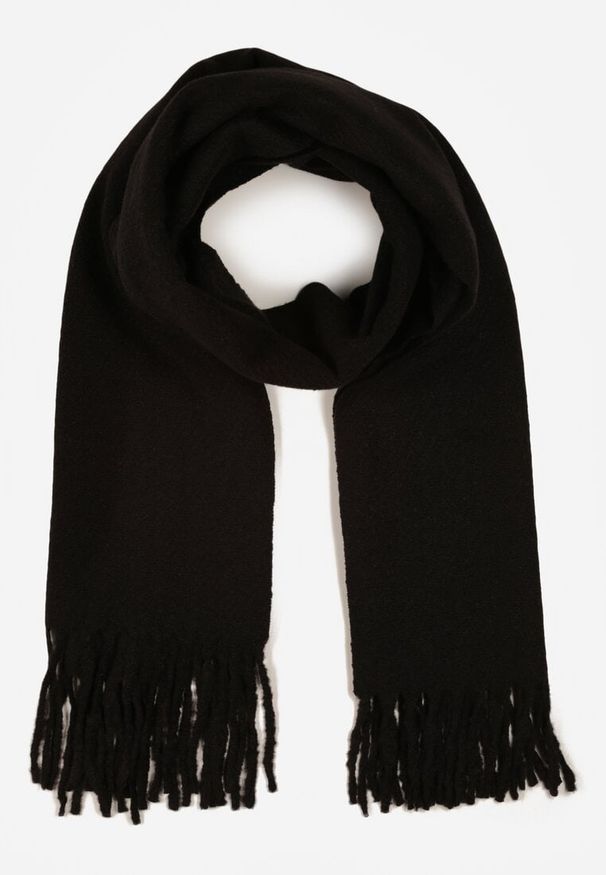 Born2be - Czarny Klasyczny Szalik Zdobiony Frędzlami Vetilana. Okazja: do pracy. Kolor: czarny. Materiał: jeans. Wzór: aplikacja. Styl: klasyczny