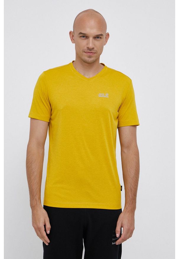 Jack Wolfskin - T-shirt. Okazja: na co dzień. Kolor: żółty. Materiał: włókno, dzianina, skóra, materiał. Wzór: gładki. Styl: casual
