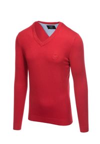 Ombre Clothing - Sweter męski z haftem - czerwony V20 E191 - XL. Kolor: czerwony. Materiał: nylon, dzianina, materiał, wiskoza. Wzór: haft. Styl: klasyczny, elegancki