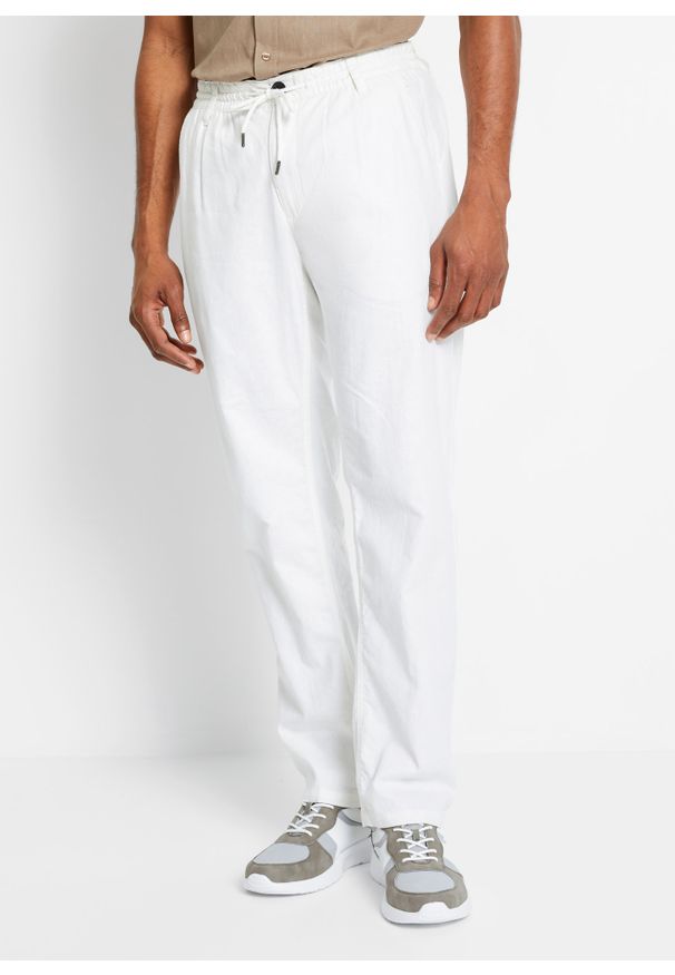 bonprix - Spodnie chino z gumką, Regular Fit Straight, z materiału z domieszką lnu. Kolor: biały. Materiał: len, materiał