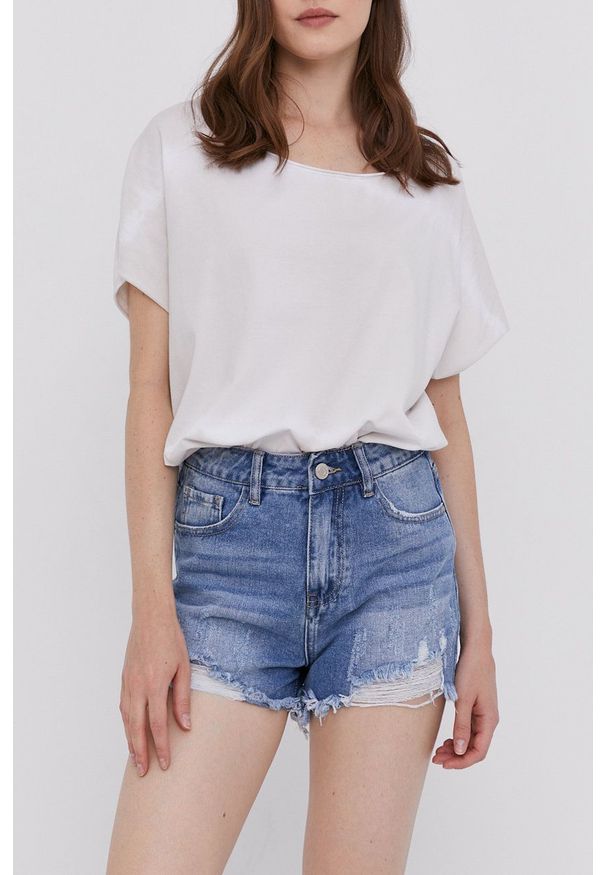 Answear Lab Szorty jeansowe damskie gładkie high waist. Okazja: na co dzień. Stan: podwyższony. Kolor: niebieski. Materiał: jeans. Wzór: gładki. Styl: wakacyjny