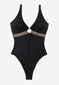 Renee - Czarny Strój Kąpielowy z Paskiem w Geometryczny Print i Wycięciem Helania. Kolekcja: plus size. Kolor: czarny. Wzór: nadruk, geometria #6