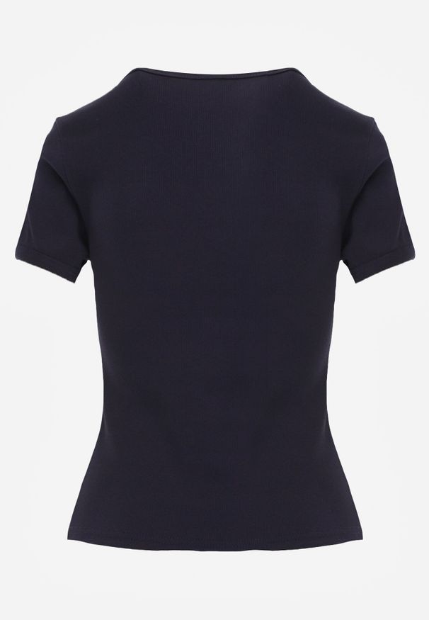 Born2be - Granatowy Dopasowany T-shirt z Prążkowanej Tkaniny z Bawełny Acalenos. Okazja: na co dzień. Kolor: niebieski. Materiał: prążkowany, bawełna, tkanina. Sezon: lato. Styl: casual, klasyczny, elegancki