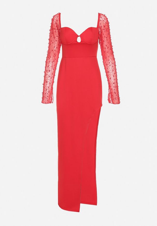 Born2be - Czerwona Sukienka z Dekoltem Caro i Siateczkowymi Rękawami z Perełkami Inelara. Kolor: czerwony. Wzór: aplikacja