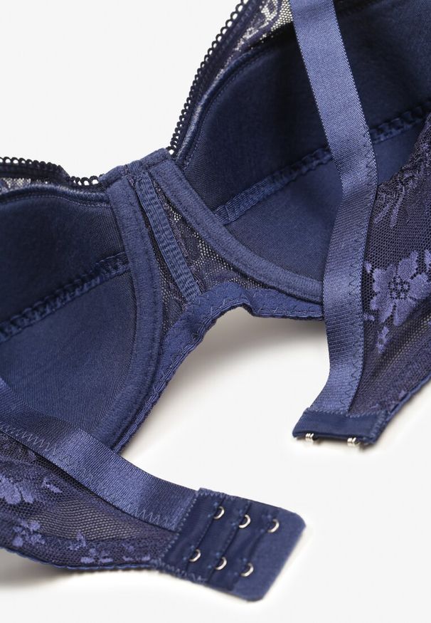Born2be - Granatowy Koronkowy Biustonosz z Regulowanymi Ramiączkami Zapinany na Haftki Missaela. Kolor: niebieski. Materiał: koronka