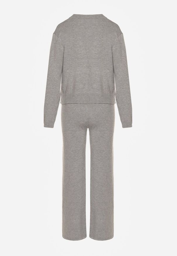 Born2be - Szary Komplet z Wełną i Bawełną Sweter ze Splotem i Szerokie Spodnie Reinettia. Kolor: szary. Materiał: wełna, bawełna. Wzór: ze splotem