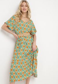 Born2be - Zielono-Pomarańczowa Sukienka Rozkloszowana z Mozaikowym Wzorem z Wiskozy Kaliane. Kolor: brązowy. Materiał: wiskoza. Sezon: lato #4