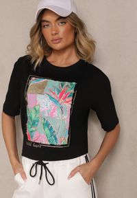 Renee - Czarny T-shirt z Bawełny Ozdobiony Brokatem Isadelle. Okazja: na co dzień. Kolor: czarny. Materiał: bawełna. Wzór: aplikacja. Styl: klasyczny, casual