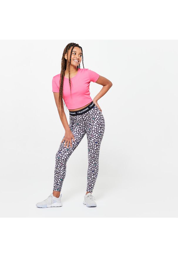 DOMYOS - Koszulka fitness damska Domyos crop top. Kolor: różowy. Materiał: materiał, poliester, elastan. Sport: fitness