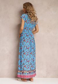 Renee - Granatowa Rozkloszowana Sukienka Maxi z Printem Paisley z Gumką w Pasie Zoenia. Kolor: niebieski. Wzór: paisley, nadruk. Sezon: lato, wiosna. Długość: maxi