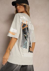 Renee - Szara Koszulka T-shirt Oversize z Nadrukiem z Elastycznej Bawełny Taralise. Kolor: szary. Materiał: bawełna. Wzór: nadruk. Sezon: lato