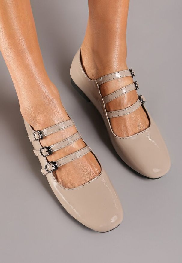 Renee - Beżowe Balerinki z Wkładką ze Skóry Naturalnej z Eleganckimi Paseczkami i Sprzączkami Vaivonne. Zapięcie: sprzączka. Kolor: beżowy. Materiał: skóra. Wzór: paski. Obcas: na obcasie. Styl: elegancki. Wysokość obcasa: niski