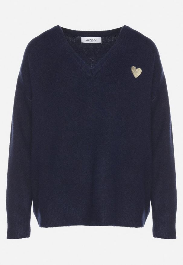 Born2be - Granatowy Sweter z Wełną i Trójkątnym Dekoltem Zivida. Okazja: na co dzień. Kolor: niebieski. Materiał: wełna. Długość rękawa: długi rękaw. Długość: długie. Styl: klasyczny, elegancki, casual