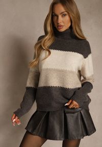 Renee - Brązowy Oversizowy Golf z Dodatkiem Kaszmiru w Szerokie Paski Nemeana. Typ kołnierza: golf. Kolor: brązowy. Materiał: kaszmir. Wzór: paski. Styl: elegancki #2