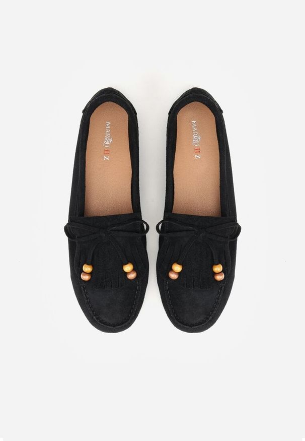 Renee - Czarne Mokasyny z Koralikami Kokardą i Frędzlami Nahda. Okazja: na co dzień. Kolor: czarny. Materiał: jeans. Styl: casual, street