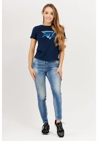 Guess - GUESS Granatowy t-shirt damski iconic, Rozmiar XS. Kolor: niebieski. Materiał: bawełna. Wzór: aplikacja