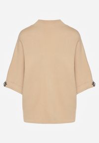 Born2be - Beżowy Sweter Ozdobiony na Rękawach Cyrkoniami Aletusa. Okazja: na co dzień. Kolor: beżowy. Materiał: jeans. Wzór: aplikacja. Styl: casual, elegancki #5