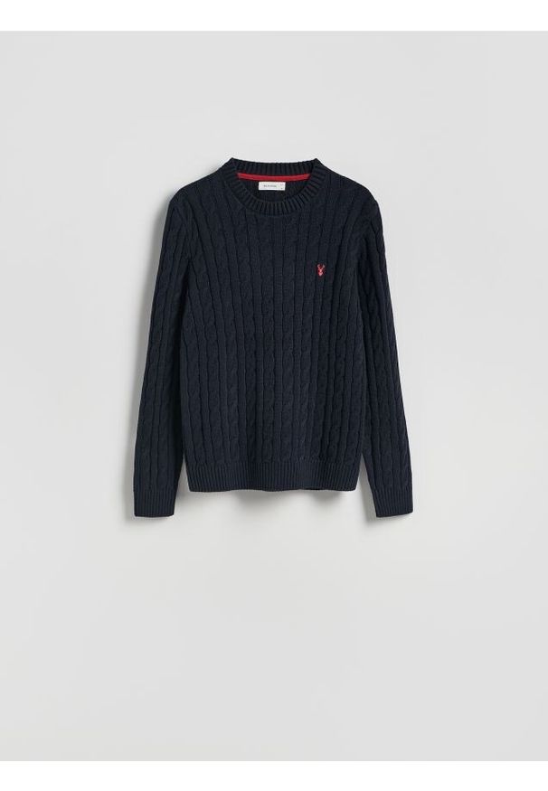 Reserved - Sweter z warkoczowym splotem - granatowy. Kolor: niebieski. Materiał: bawełna, dzianina. Wzór: ze splotem