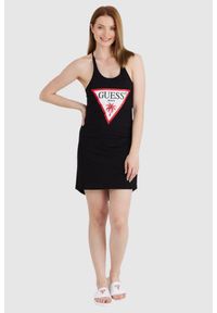 Guess - GUESS Czarna damska sukienka na ramiączka z trójkątnym logo, Rozmiar M. Kolor: czarny. Materiał: bawełna. Długość rękawa: na ramiączkach. Wzór: nadruk #3