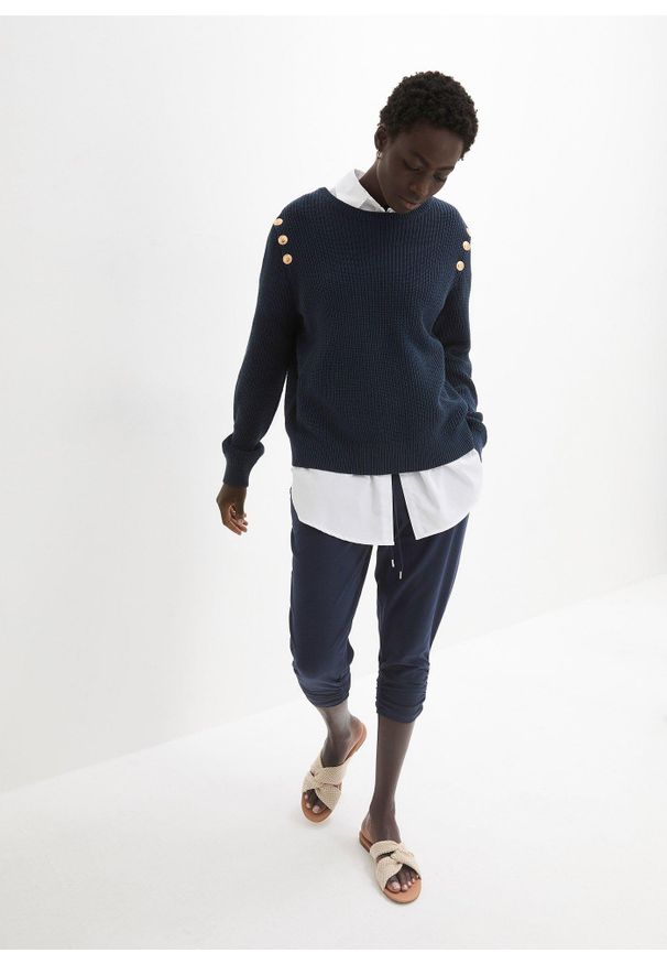 bonprix - Spodnie z dżerseju z mieszanki bawełny. Kolor: niebieski. Materiał: jersey, bawełna. Styl: elegancki