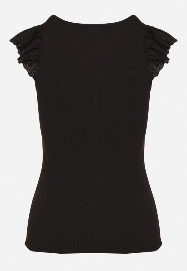 Born2be - Czarny Top z Ażurowymi Falbankami Bez Rękawów Sonnelle. Okazja: na co dzień. Typ kołnierza: kołnierz z falbankami. Kolor: czarny. Materiał: jeans. Długość rękawa: bez rękawów. Wzór: ażurowy. Styl: elegancki, casual, klasyczny