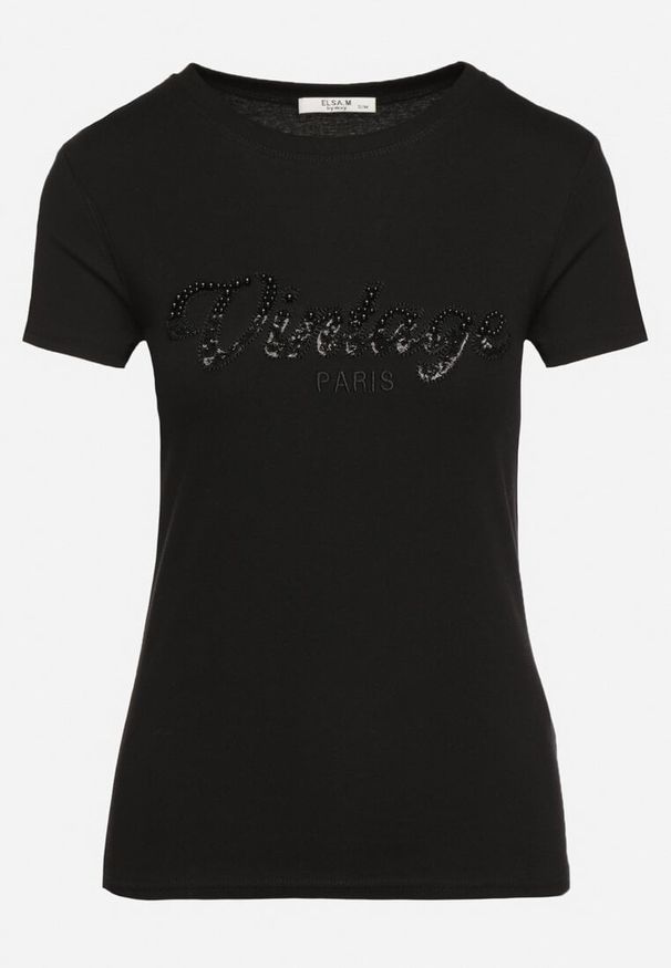 Born2be - Czarny Bawełniany T-shirt z Metalicznym Napisem Xalaviel. Okazja: na co dzień. Kolor: czarny. Materiał: bawełna. Wzór: napisy. Sezon: lato. Styl: casual