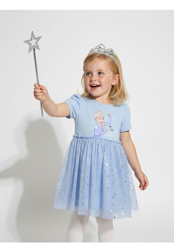 Sinsay - Bawełniana sukienka z tiulem Frozen - niebieski. Kolor: niebieski. Materiał: tiul, bawełna