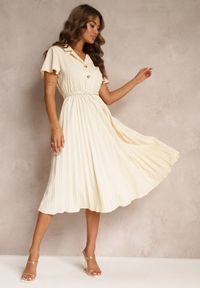 Renee - Beżowa Retro Sukienka Midi z Plisowaniem i Paskiem na Klamrę Elinerise. Kolor: beżowy. Styl: retro. Długość: midi #3